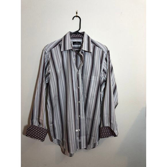 Bugatchi Shirt Mens Sz Medium Purple Striped Flip Cuff Long Sleeve Button Up - Picture 5 of 8